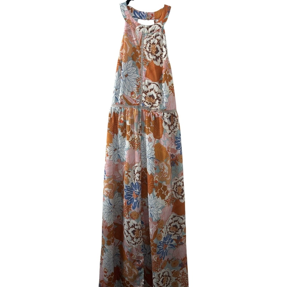 ZESICA Floral Halter Maxi Dress L Orange Boho Crochet Trim‎ Summer Cottagecore